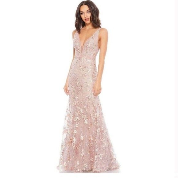 Mac Duggal 67481 Womens Floral Embellished Sleeveless Plunge Neck Gown Dress - Picture 4 of 15